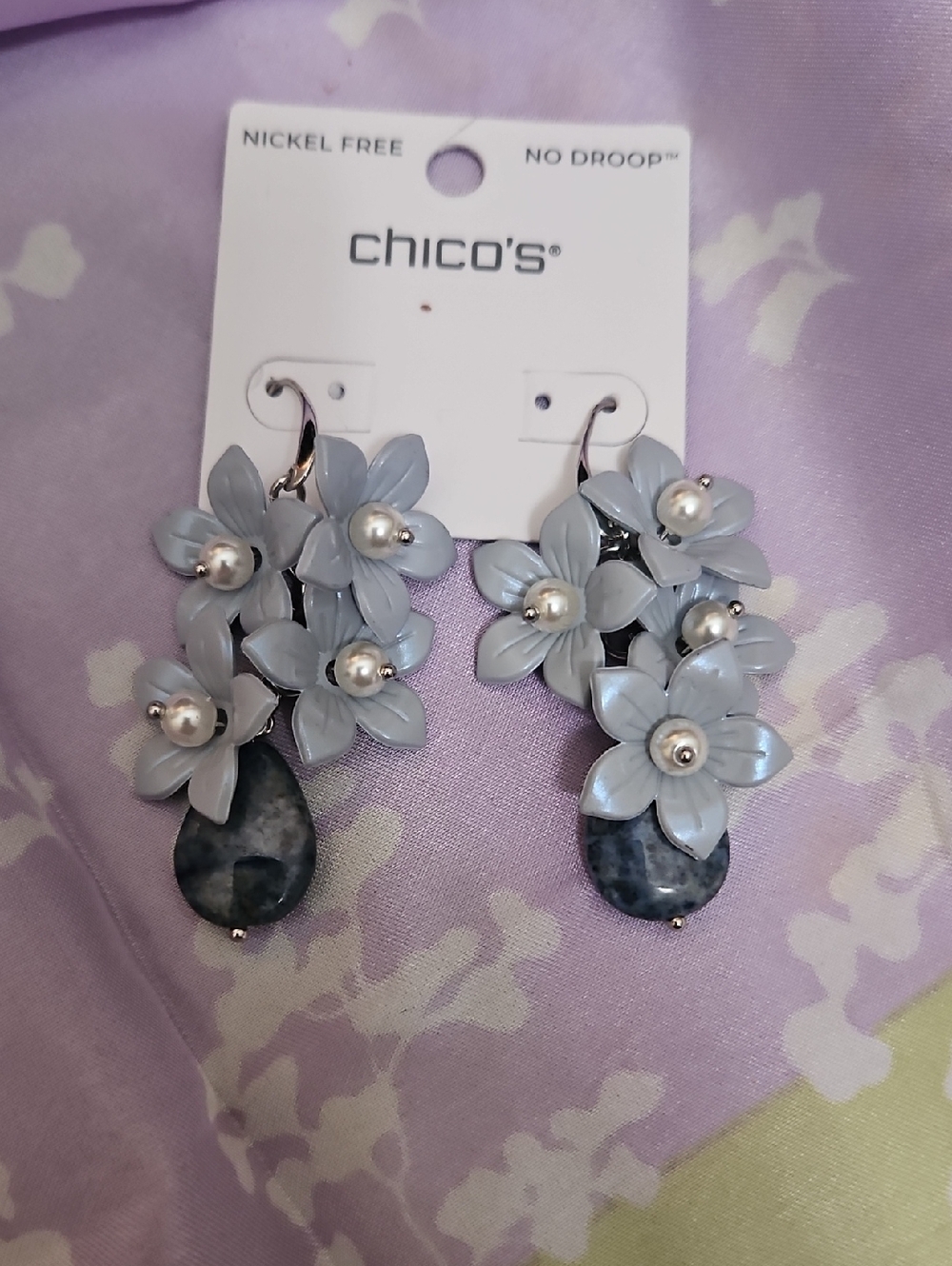 Chico's Lapis Lazuli Tearsrop Stone And  Floral With Pearl Drop Earrings NWT
